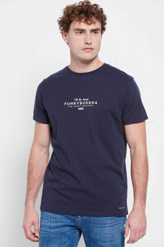 Funky Buddha ανδρικό βαμβακερό T-shirt μονόχρωμο με contrast logo print και patch μπροστά - FBM007-330-04 Σκούρο Μπλε L